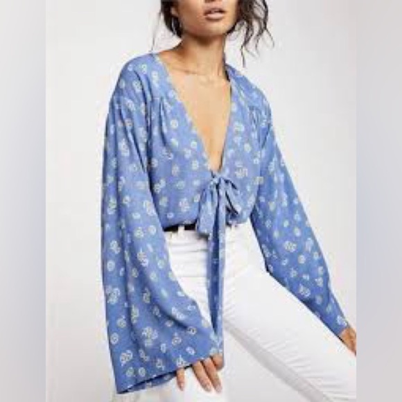 Free People Intimately Floral Bell Sleeve Tie Front Crop Top - Picture 3 of 7